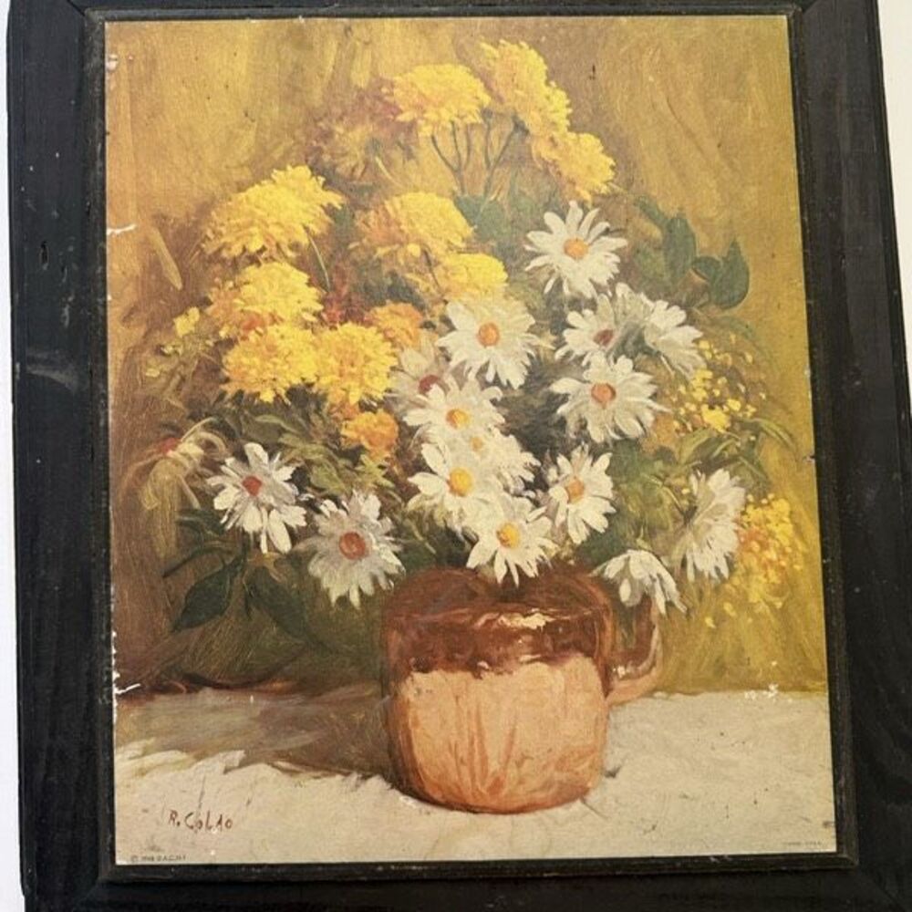 Vintage Yellow White Daisies in Vase Print Lithograph by R. Colao Framed Signed